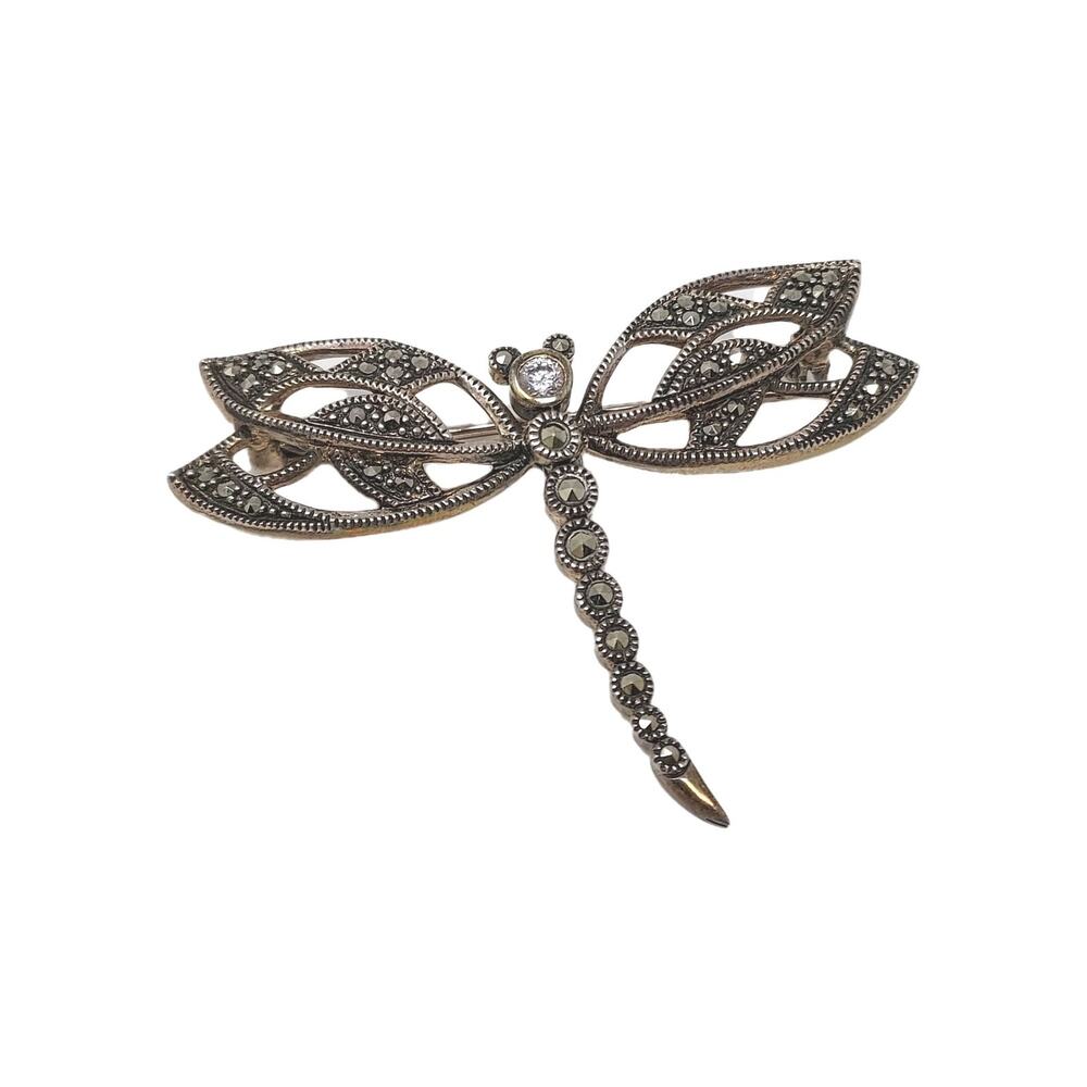 Vintage Sterling 925 Marcasite Dragonfly Pendant Brooch Articulated Marked 2"
